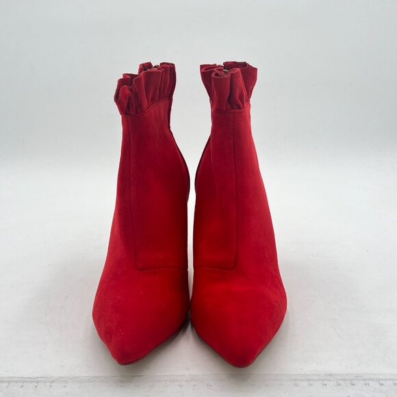 YDN Red Cute Ruffles Ankle Boots Stiletto Heels Pointed Toe Back Zipper Booties - Picture 3 of 8